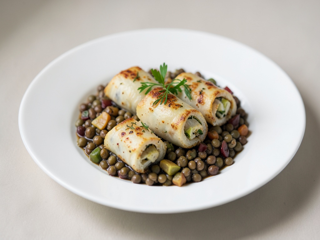 Rotoli di formaggio di pecora su verdure con lenticchie