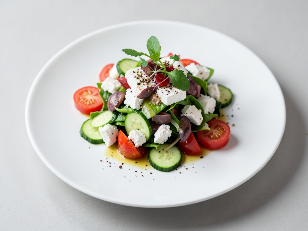 Insalata fresca di formaggio di pecora con cetriolo e pomodoro