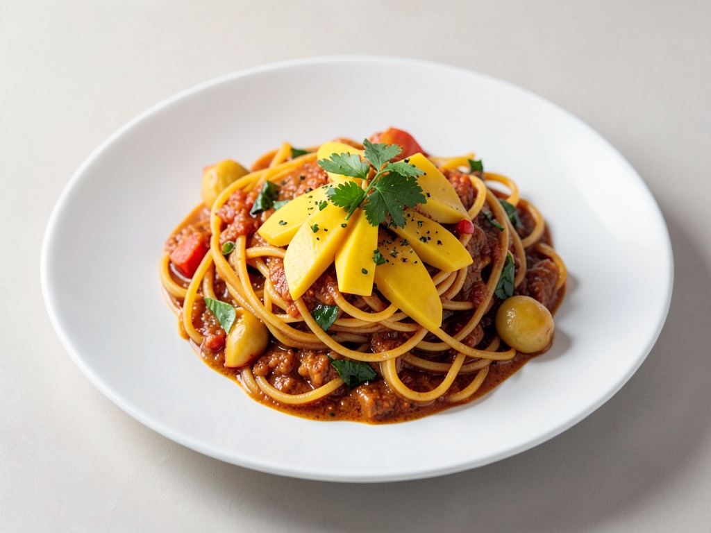 Würzige Nudeln mit Mango und Curry