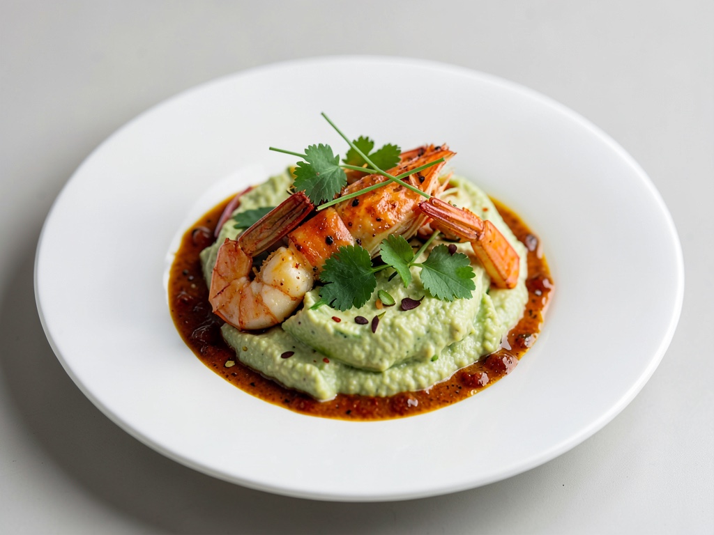 Gambas picantes sobre crema de aguacate
