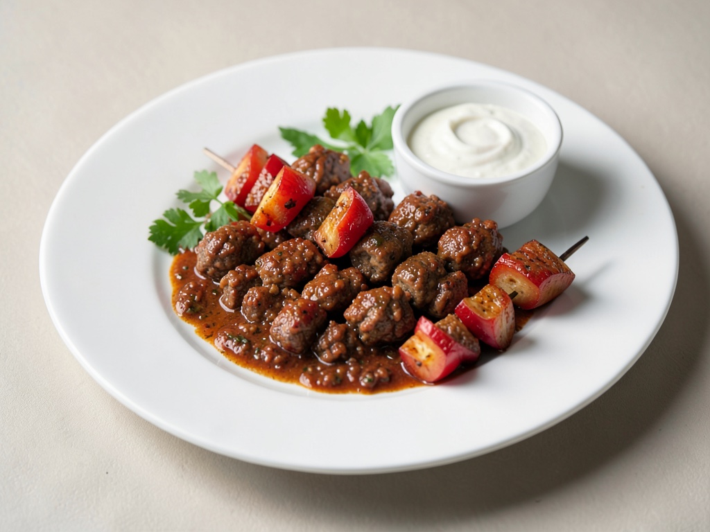 Würzige Hackfleisch-Paprika-Spieße mit Joghurt-Dip
