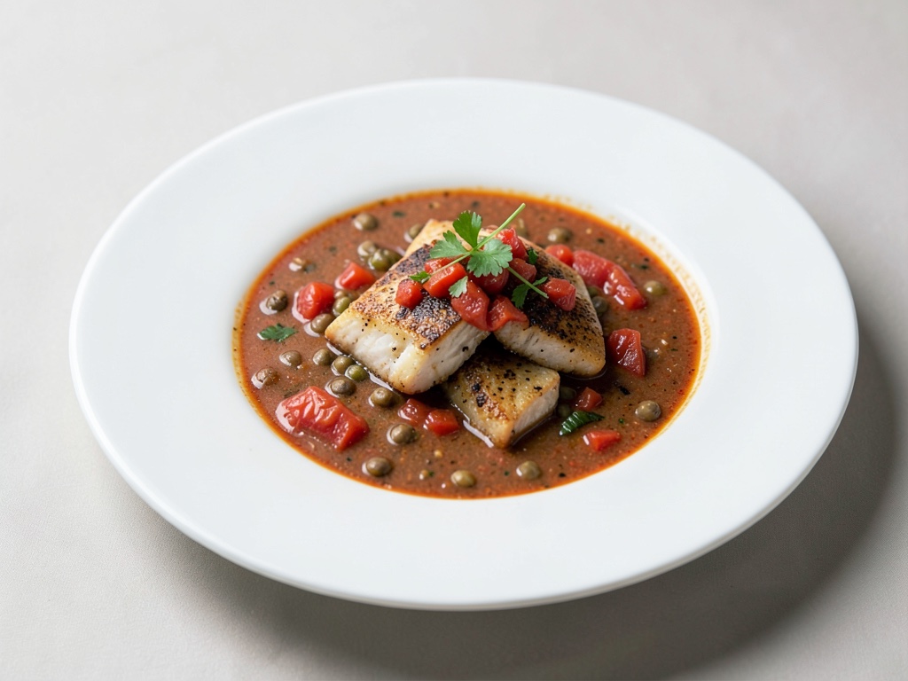 Sopa picante de lentejas y tomate con pescado