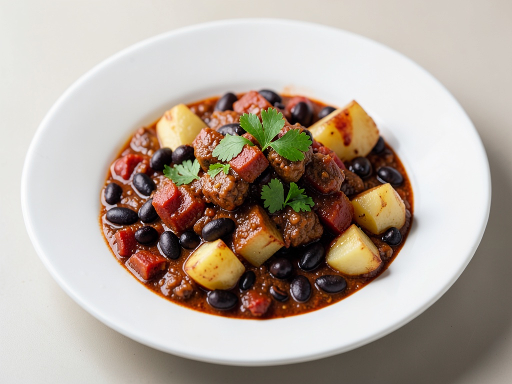 Chili piccante con chorizo, fagioli neri e patate