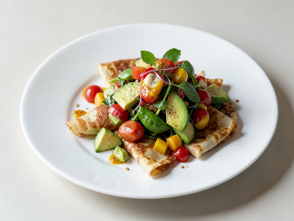 Insalata di frutta all'avocado piccante con crêpes