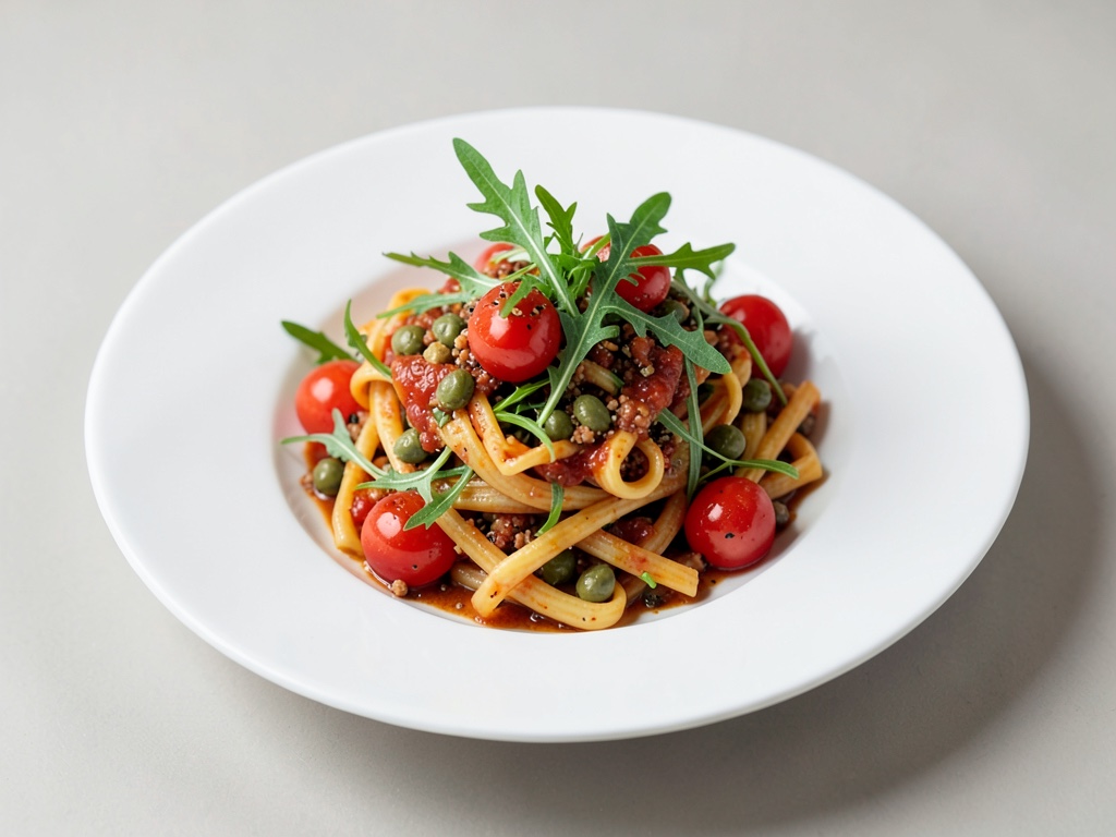 Würziger Nudelsalat mit Tomate, Kapern und Rucola