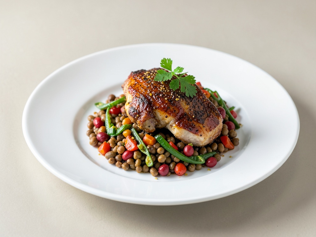 Pollo piccante con insalata di lenticchie fruttata