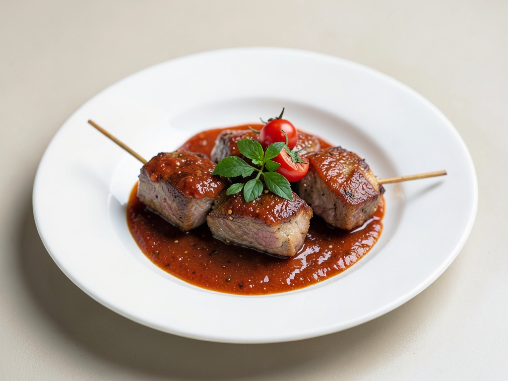 Spiedini di filetto di maiale marinato con salsa di pomodori e peperoncino