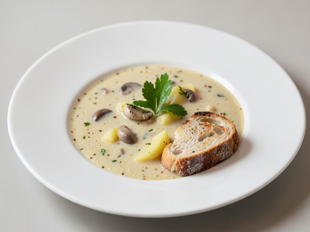 Zuppa cremosa di patate e funghi con pane tostato