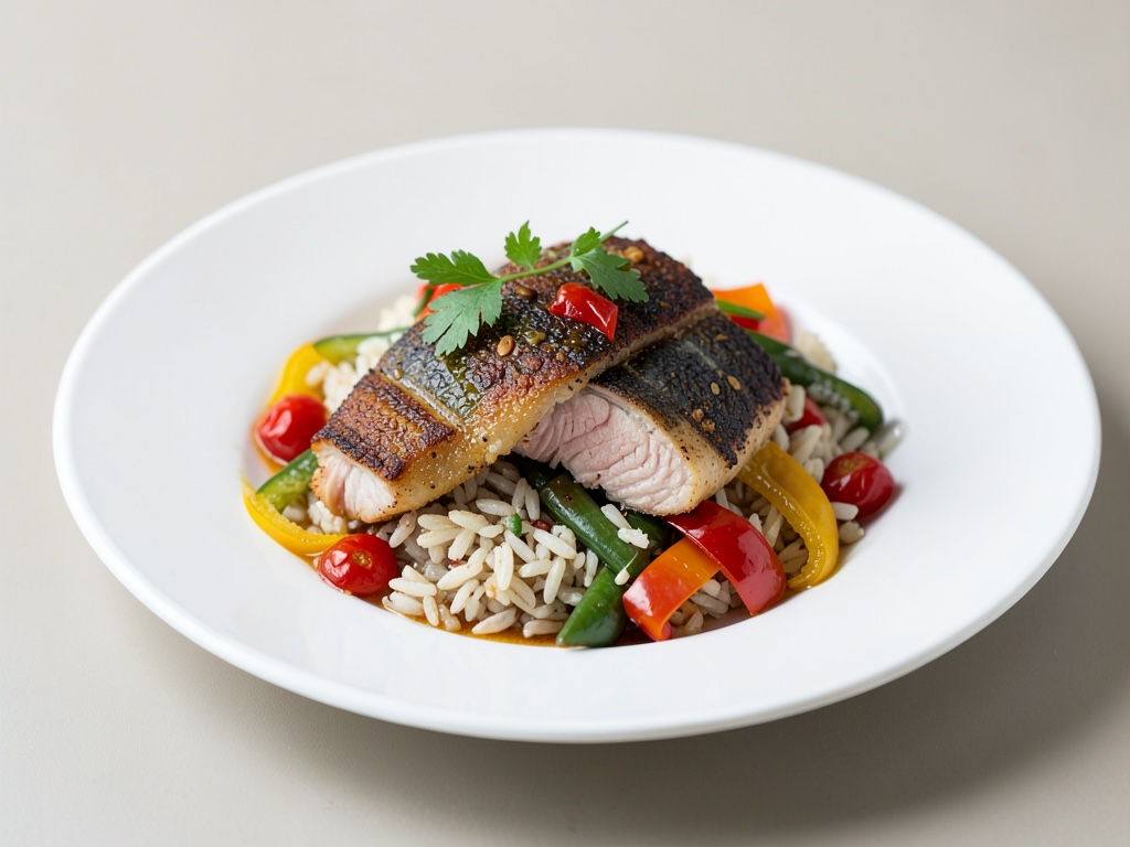 Pesce stocco croccante con peperoni agrodolci e riso selvatico