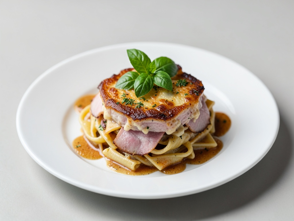 Knuspriges Schinken-Nudel-Gratin mit frischem Basilikum