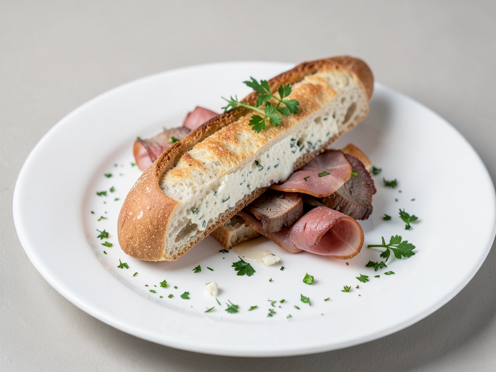 Baguette crujiente con relleno de requesón y jamón