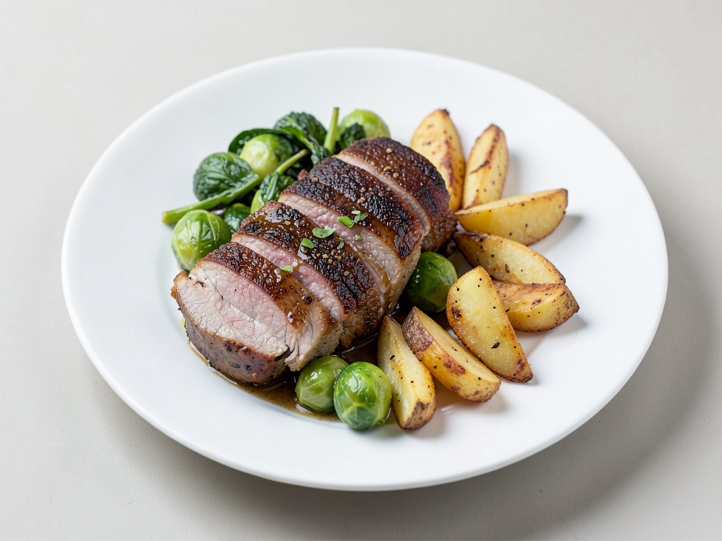 Jambon au four avec choux de Bruxelles et frites de pommes de terre