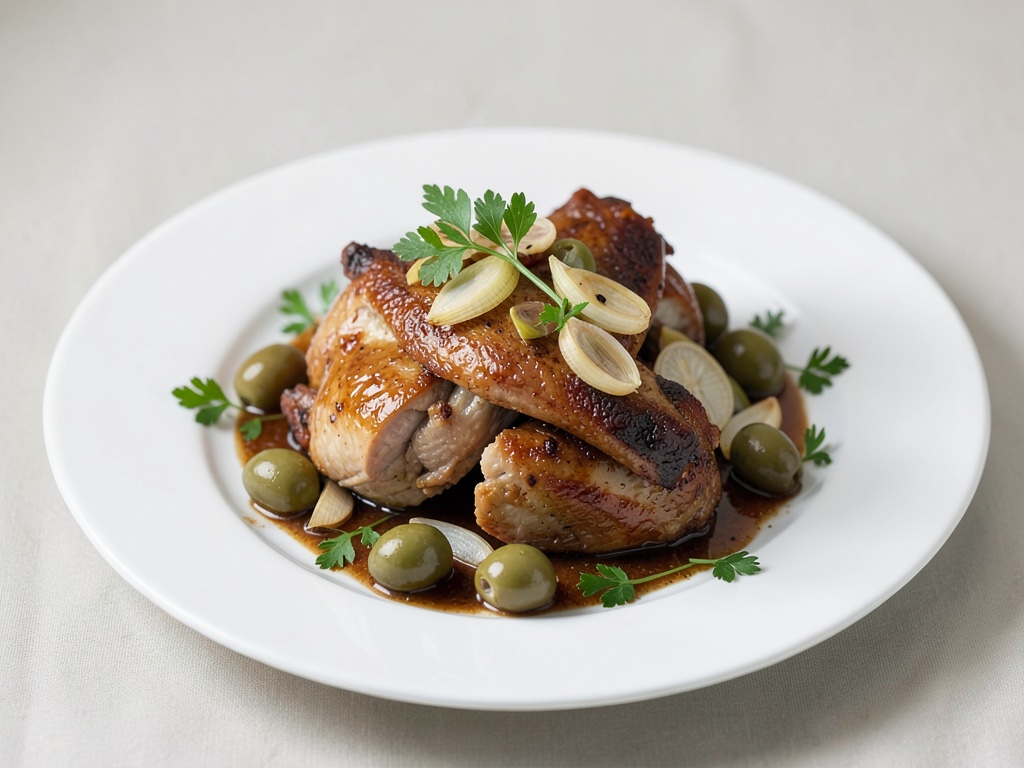 Poulet tendre braisé aux échalotes et olives