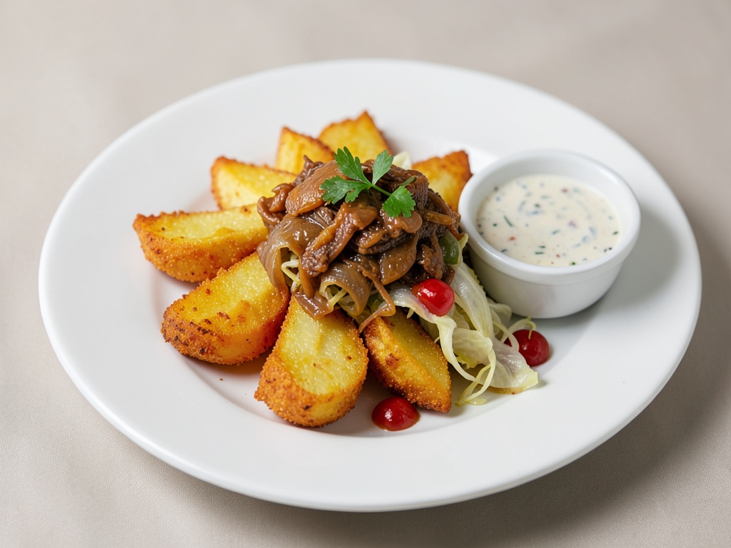 Spicchi di patate croccanti con cavolo brasato e salsa