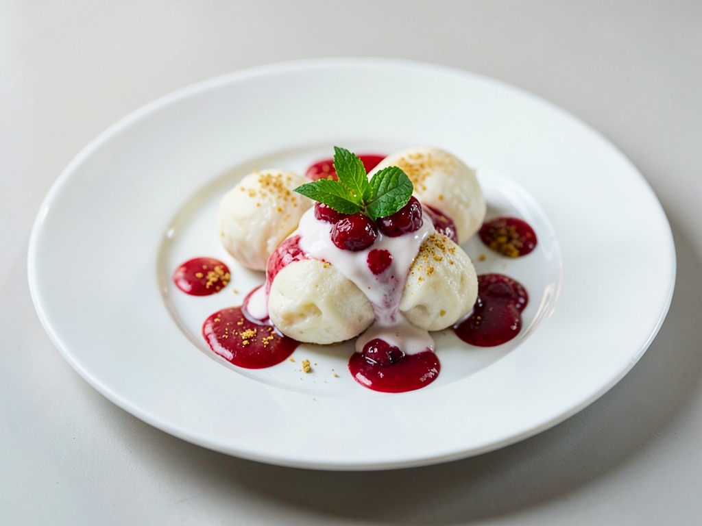 Nuvolosi gnocchi di neve di albume con crema di panna e lamponi