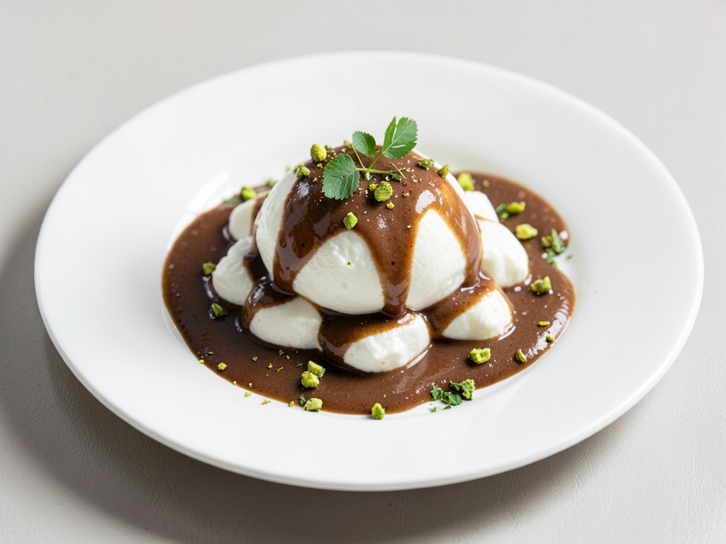 Uova a neve leggere e spumose con salsa calda al cioccolato e pistacchi