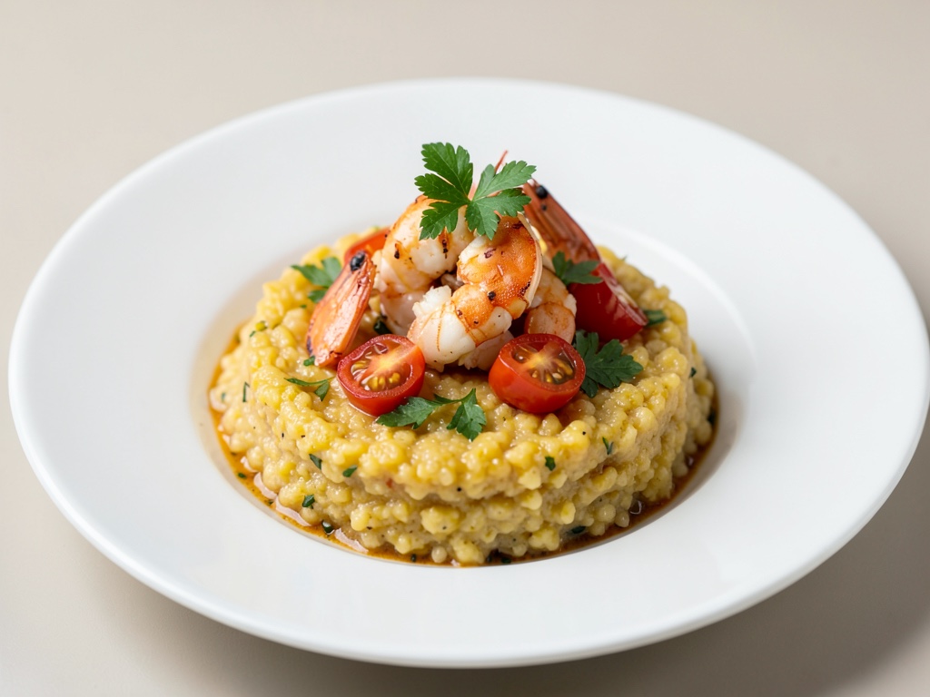 Polenta veloce con gamberi e pomodori