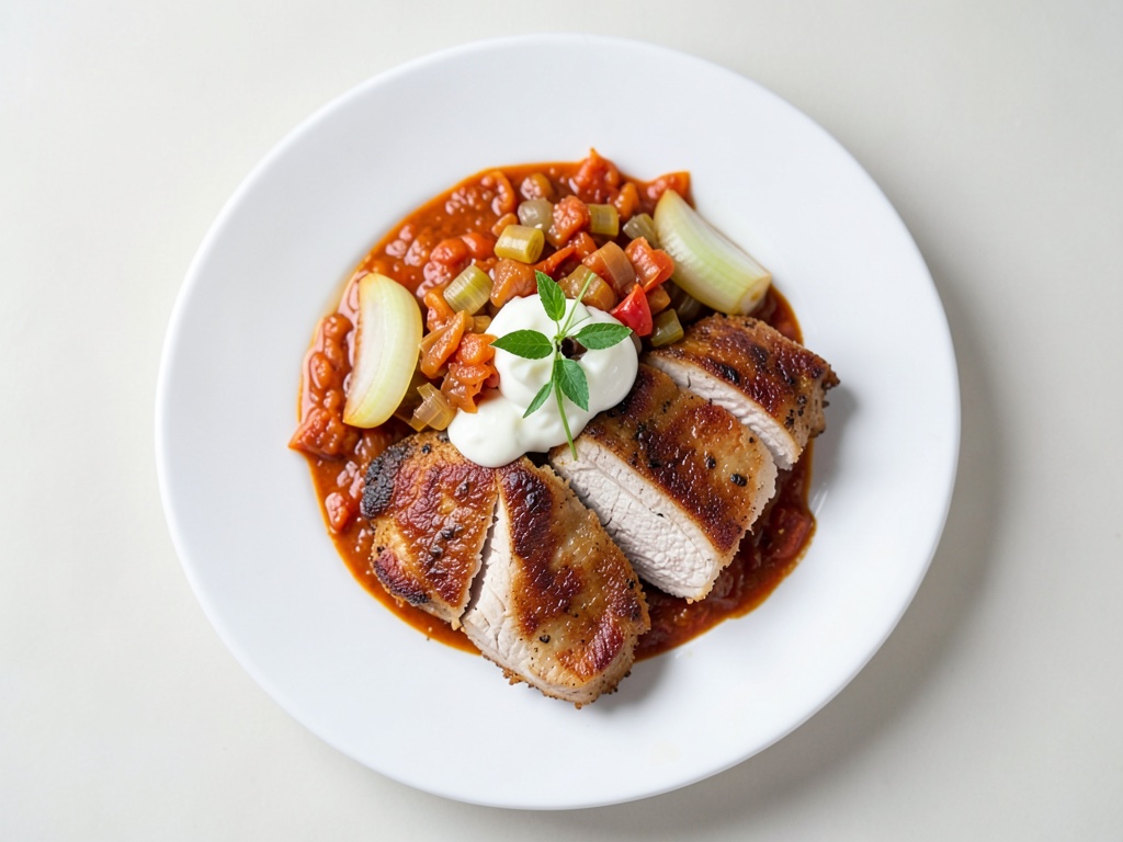 Escalopes de poulet croustillantes avec sauce au curry et crème et anneaux d'oignon frits