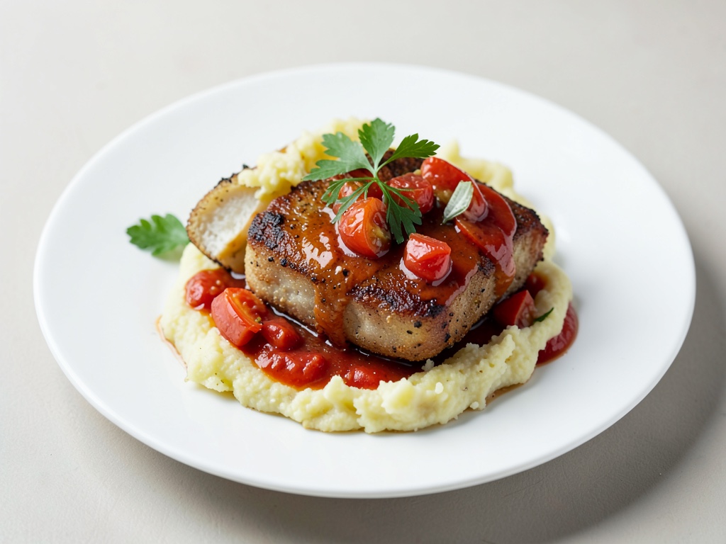 Cotoletta in salsa di pomodori e finocchio con polenta