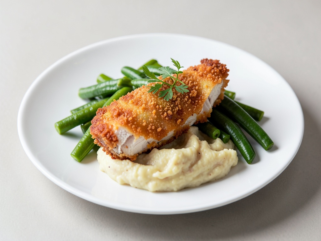 Knusprige Hähnchenschnitzel mit cremigem Kartoffelbrei und frischen Bohnen