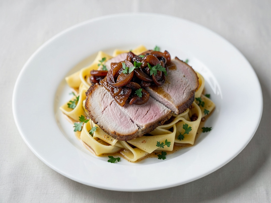 Kalbsschnitzel mit karamellisierten Zwiebeln und Bandnudeln