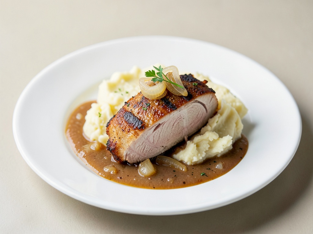 Escalopes de dinde avec purée de pommes de terre et sauce oignons-pommes