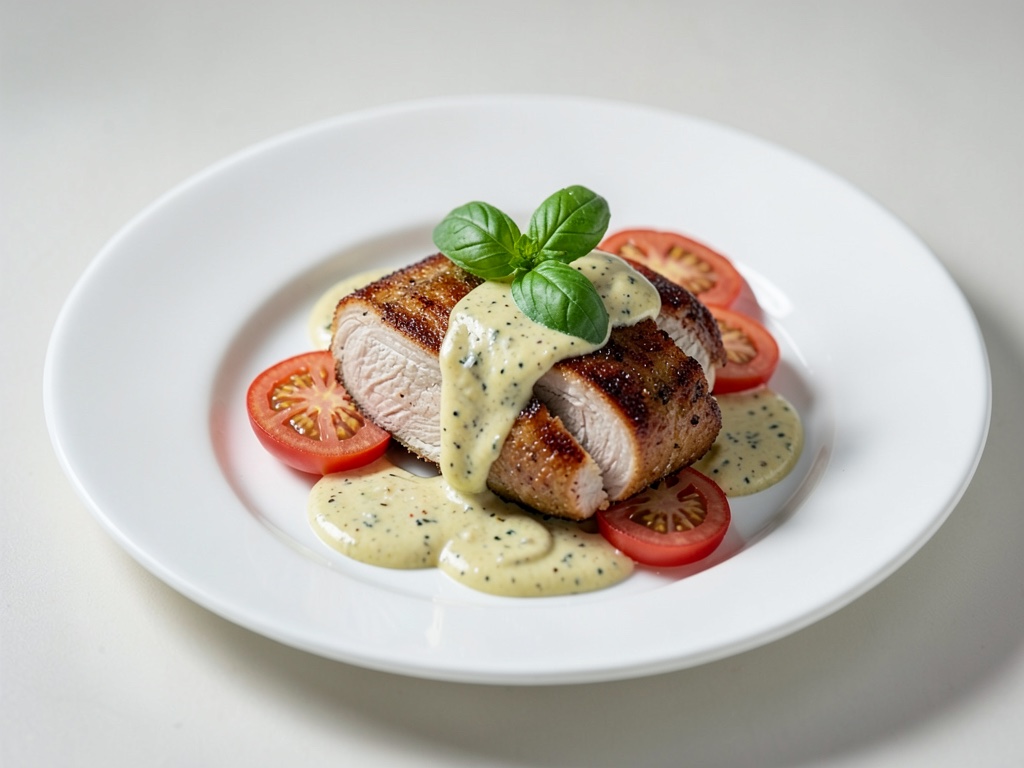 Cotoletta di tacchino con pomodori, basilico e salsa alla senape e panna