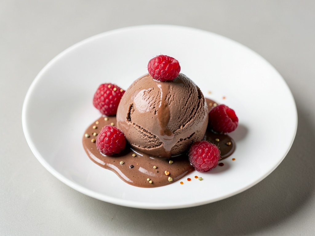 Gelato al cioccolato con lamponi freschi