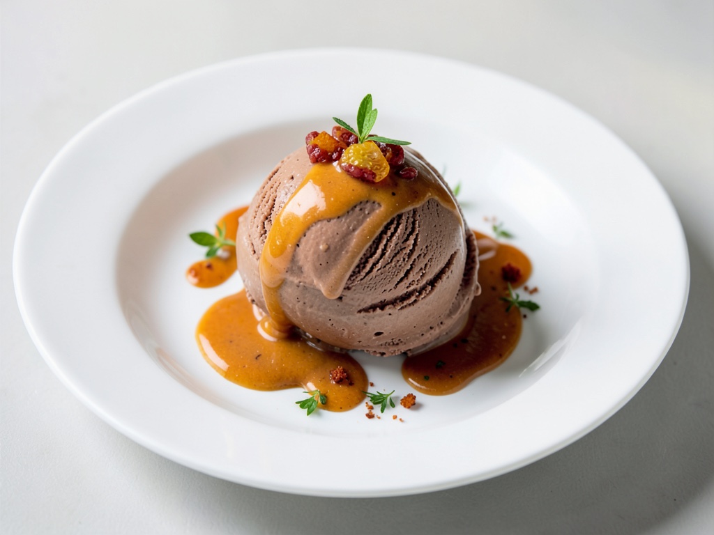 Gelato al cioccolato cremoso con salsa al caramello e arancia