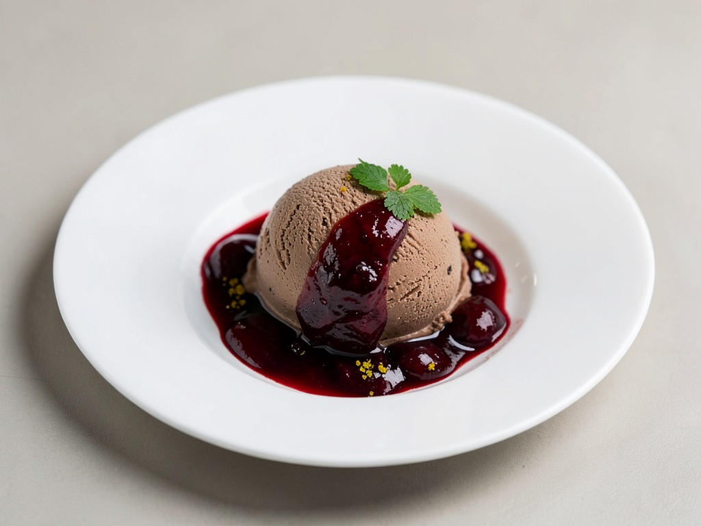 Gelato al cioccolato fondente e coriandolo con composta di prugne