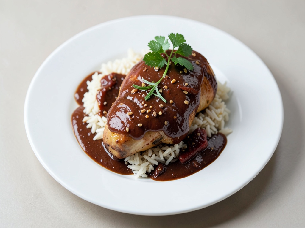 Pollo in salsa speziata al cioccolato con riso