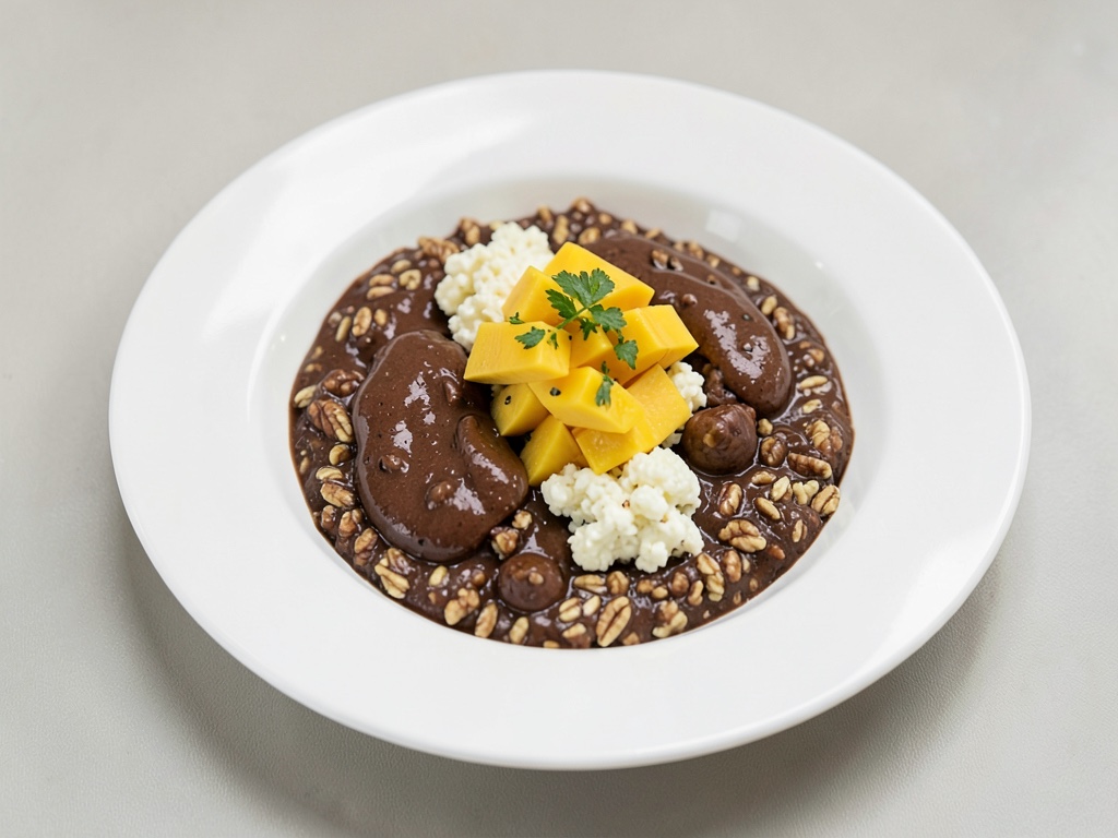 Schoko-Haferflocken-Bowl mit Quark und frischer Mango