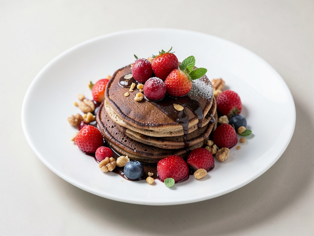 Schokoladen-Pfannkuchen mit frischem Obst und Nüssen