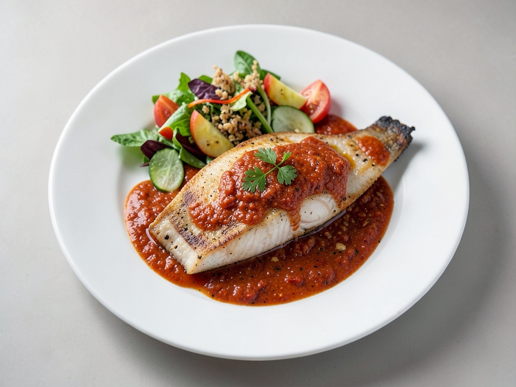 Sole poêlée avec sauce poivrons frais et salade de légumes croquants