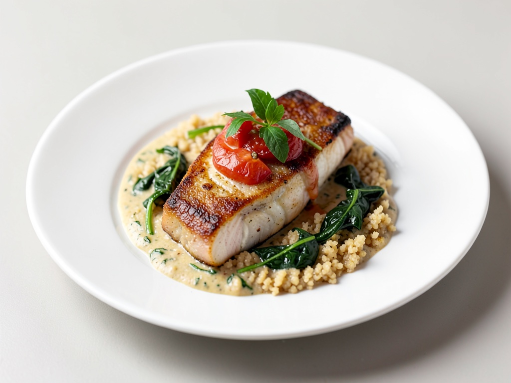 Merluzzo al forno con crema di spinaci e pomodorini e grano