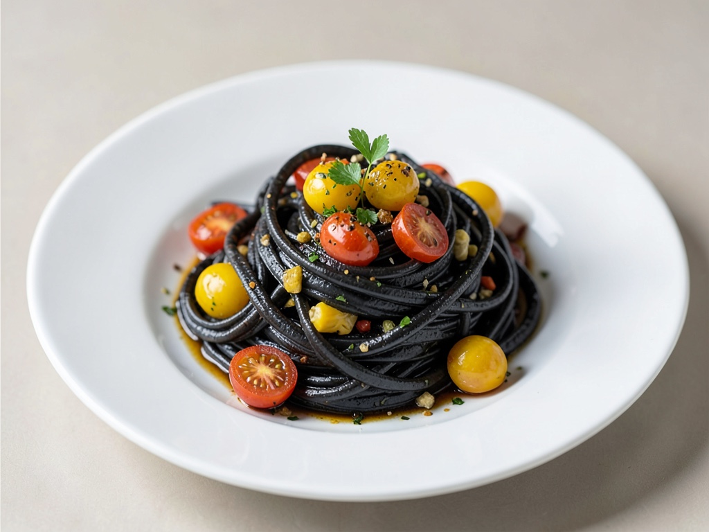 Schwarze Nudeln mit gelben Tomaten