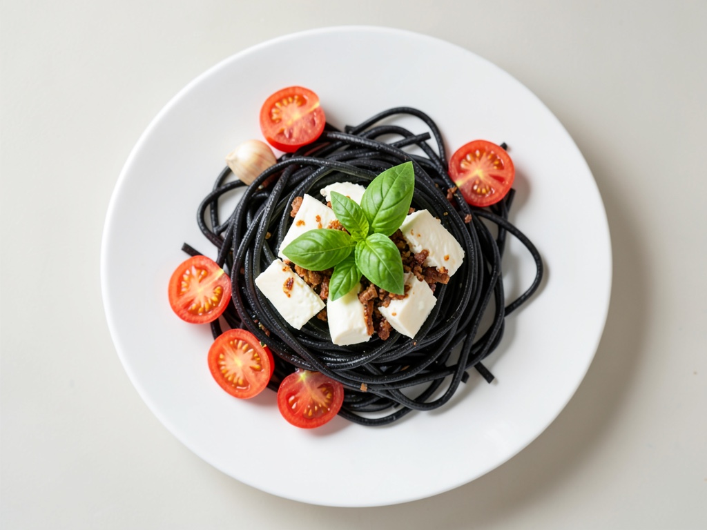 Tintenfisch-Spaghetti mit frischer Tomate-Mozzarella-Mischung