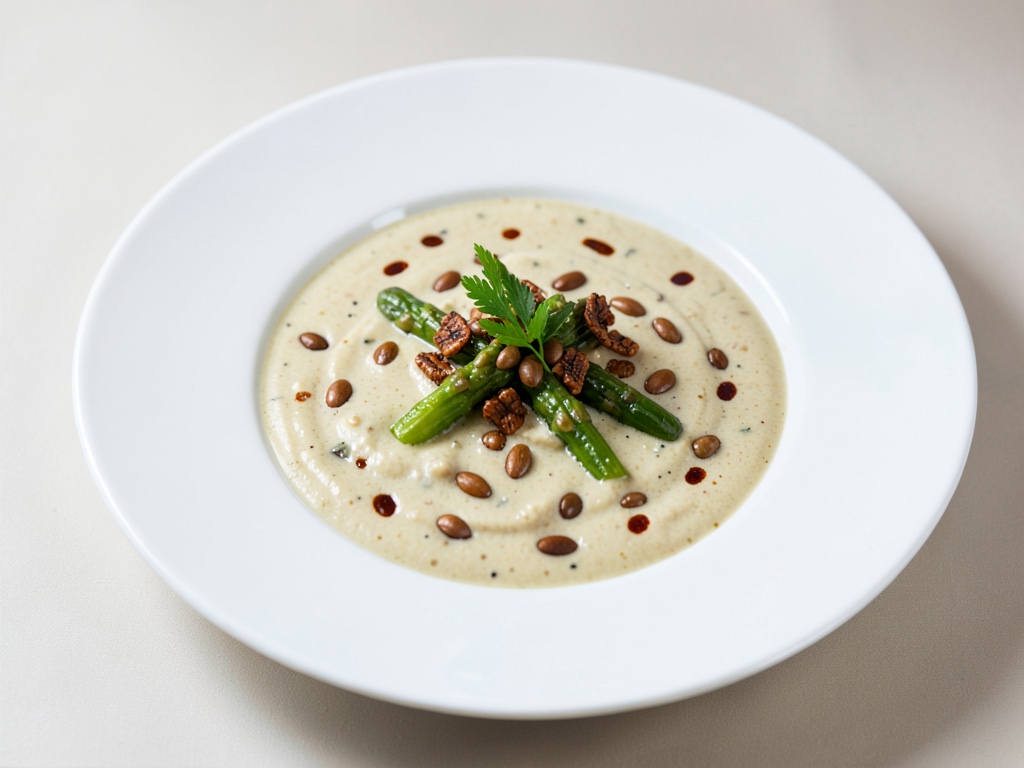 Zuppa cremosa di asparagi selvatici con semi di zucca tostati