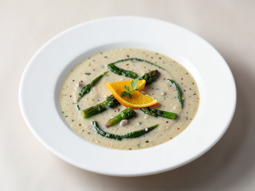 Crèmeuse soupe aux asperges blanches avec une touche d'orange