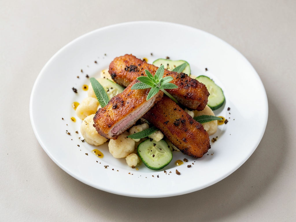 Cotolette di maiale croccanti con salvia su gnocchi e cetrioli