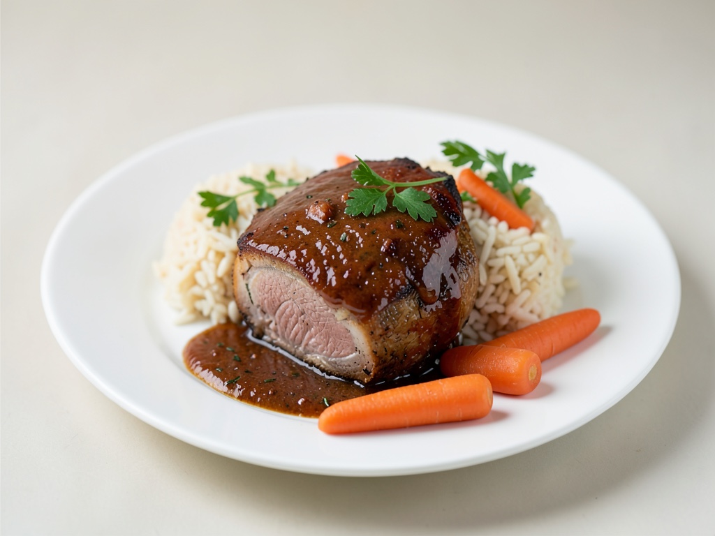 Braciola di maiale succosa con riso e carote
