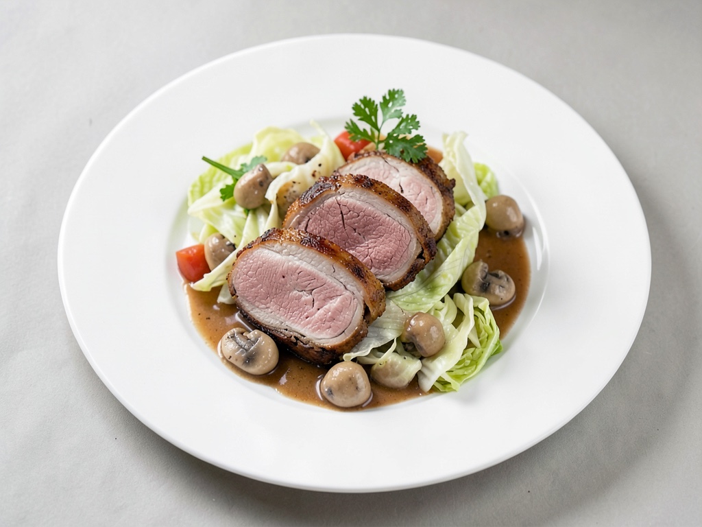 Filetto di maiale brasato con cavolo cappuccio riccio e salsa ai funghi