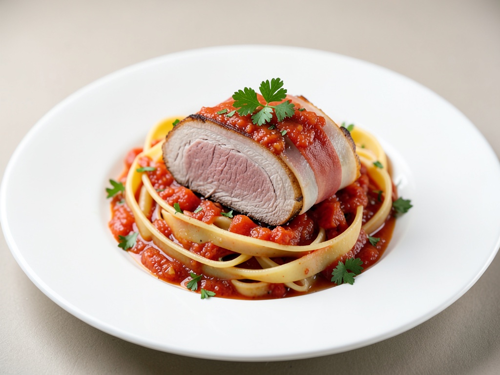 Filetto di maiale avvolto nel prosciutto su tagliatelle al pomodoro