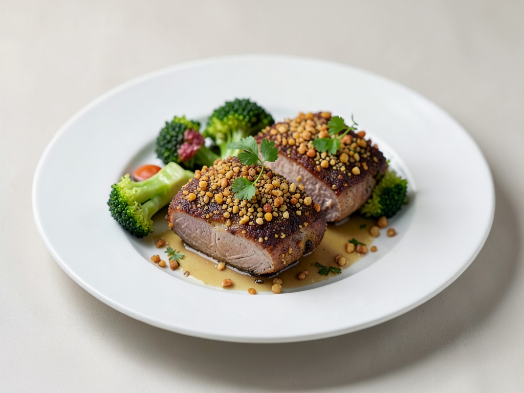 Medaglioni di filetto di maiale croccanti e nocciolati con broccoli