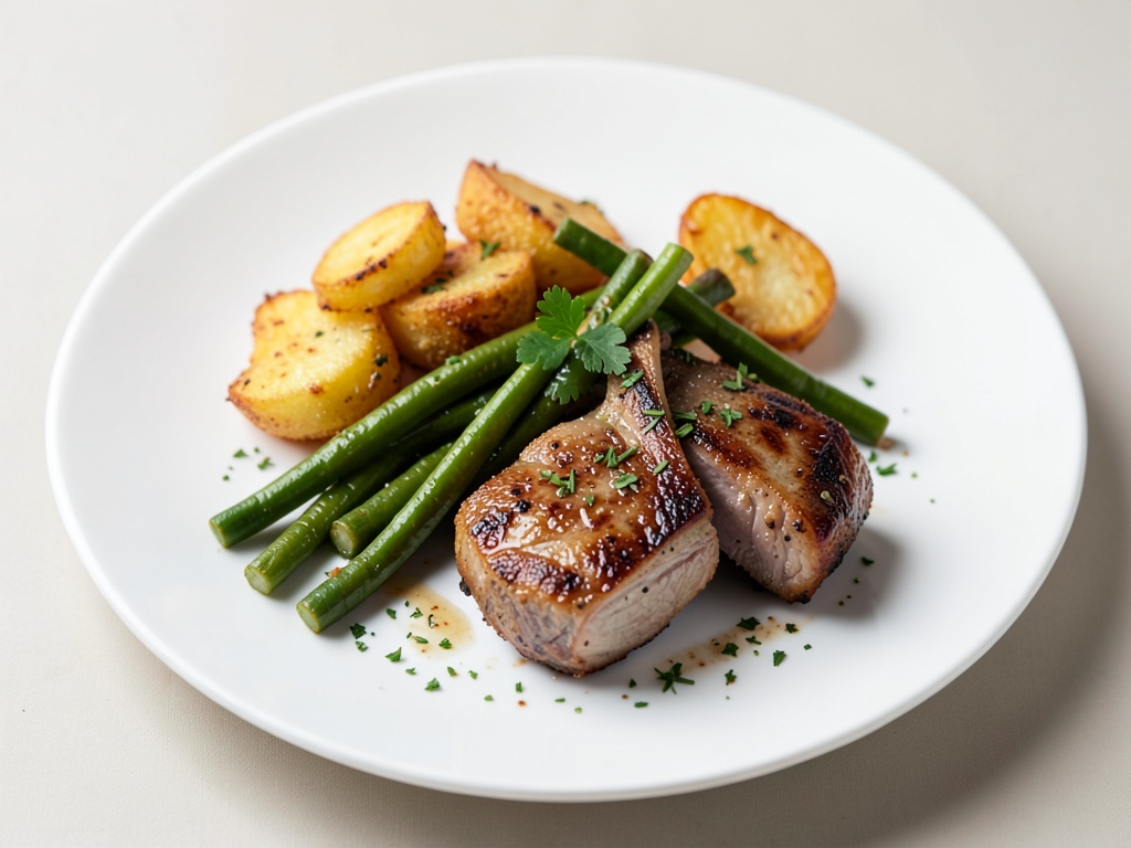 Patate croccanti, fagiolini verdi e costolette di maiale alla griglia