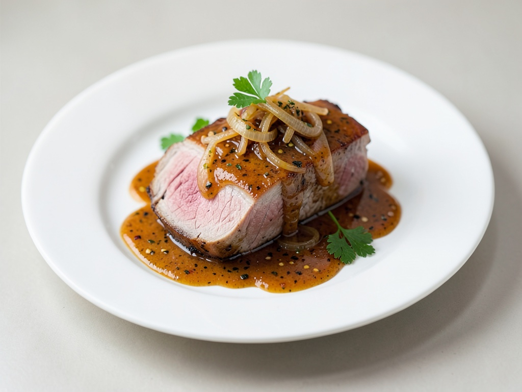 Lombata di maiale tenera con salsa di cipolle speziate
