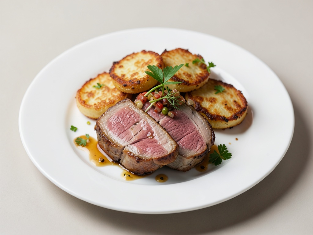 Fette Schweinefilet-pezzi mit knusprigen Kartoffelpuffer