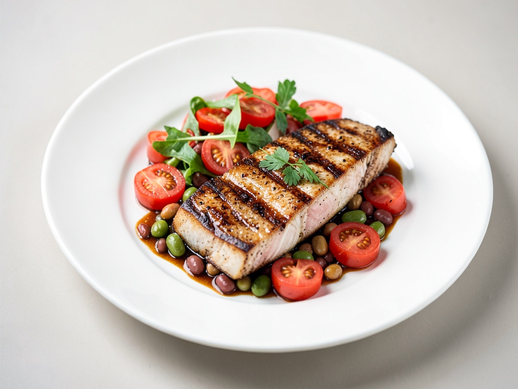 Steak di pesce spada alla griglia con insalata fresca di pomodori e fagioli