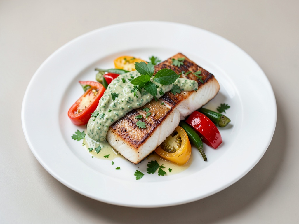 Branzino fritto con salsa verde al prezzemolo fresco e peperoni colorati