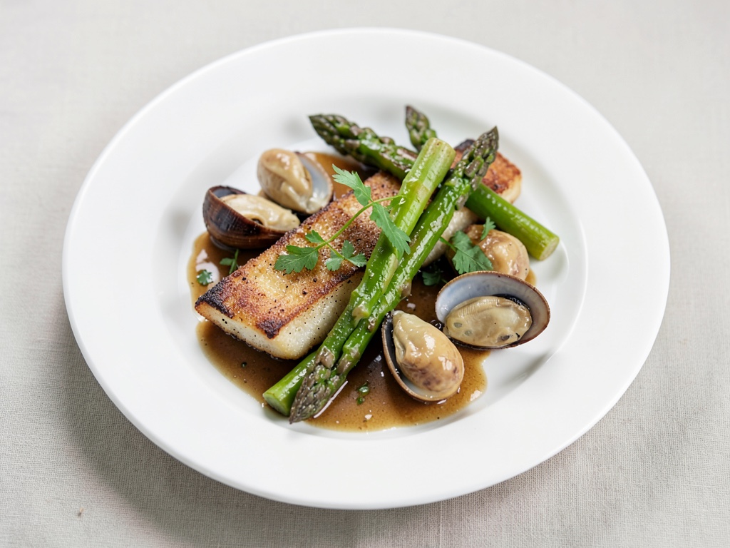 Merluzzo fritto con cozze e asparagi